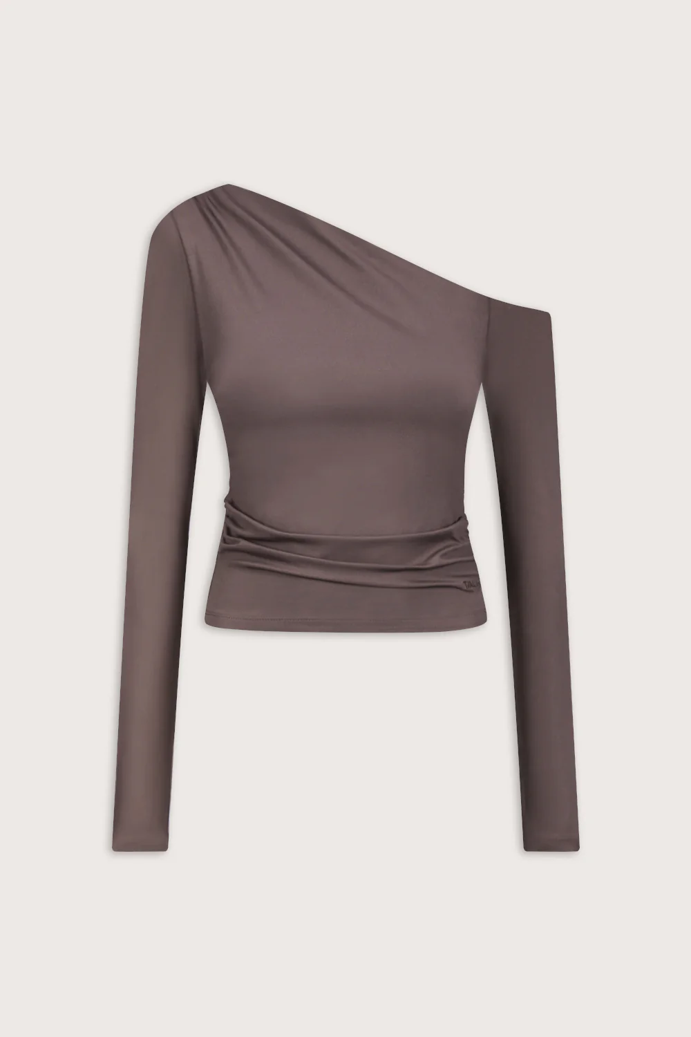 365 Asymmetric Ruched Long Sleeve Top - Mocha Brown - Image 2
