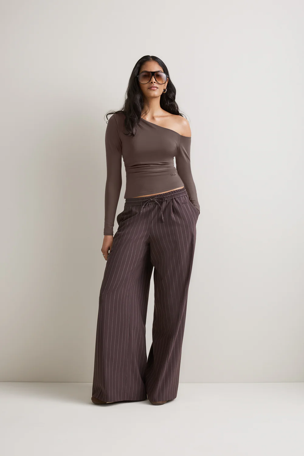 365 Asymmetric Ruched Long Sleeve Top - Mocha Brown - Image 3