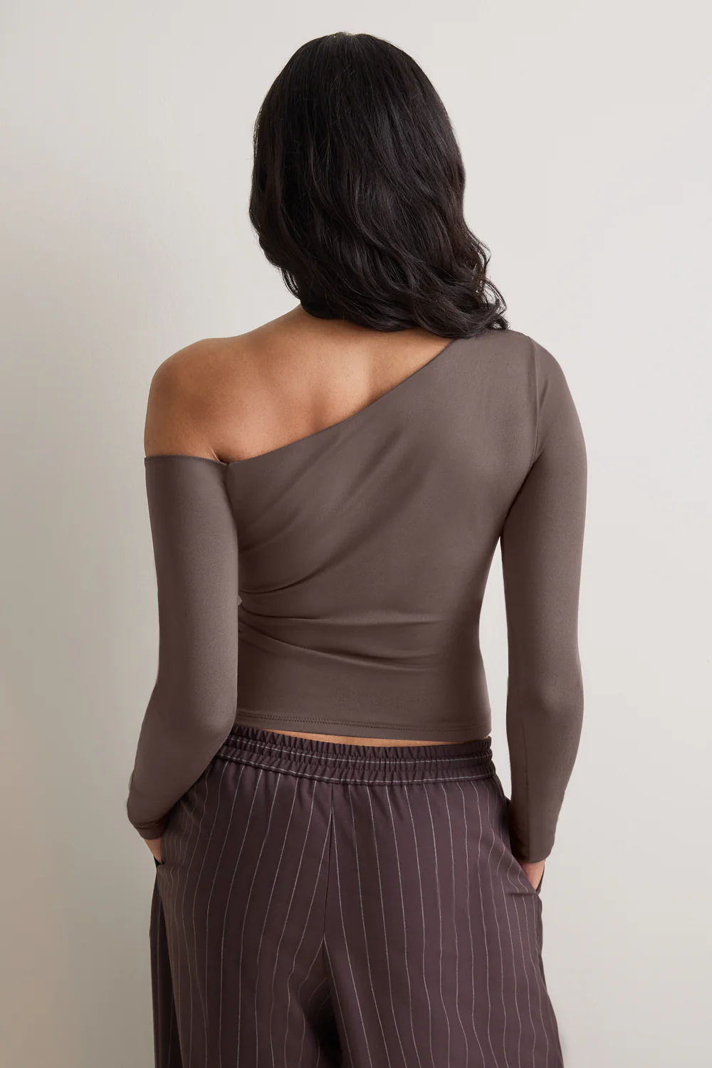 365 Asymmetric Ruched Long Sleeve Top - Mocha Brown - Image 4