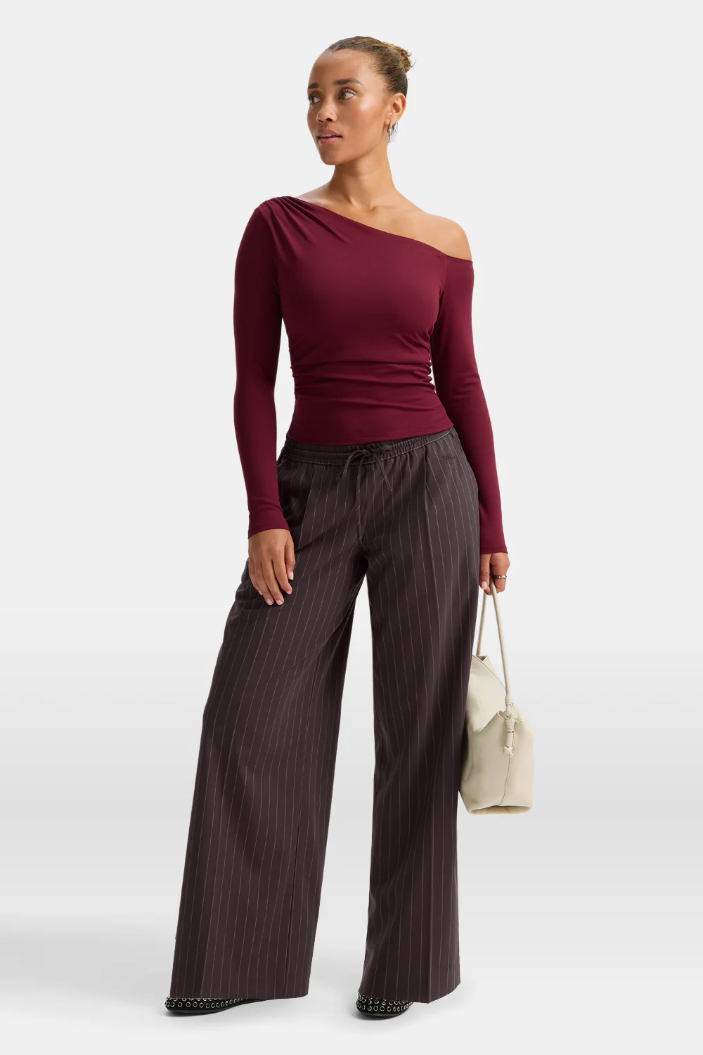 365 Asymmetric Ruched Long Sleeve Top - Port Red - Image 3