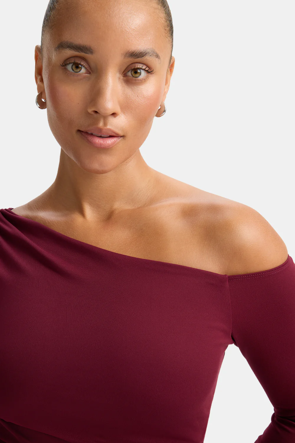 365 Asymmetric Ruched Long Sleeve Top - Port Red - Image 4