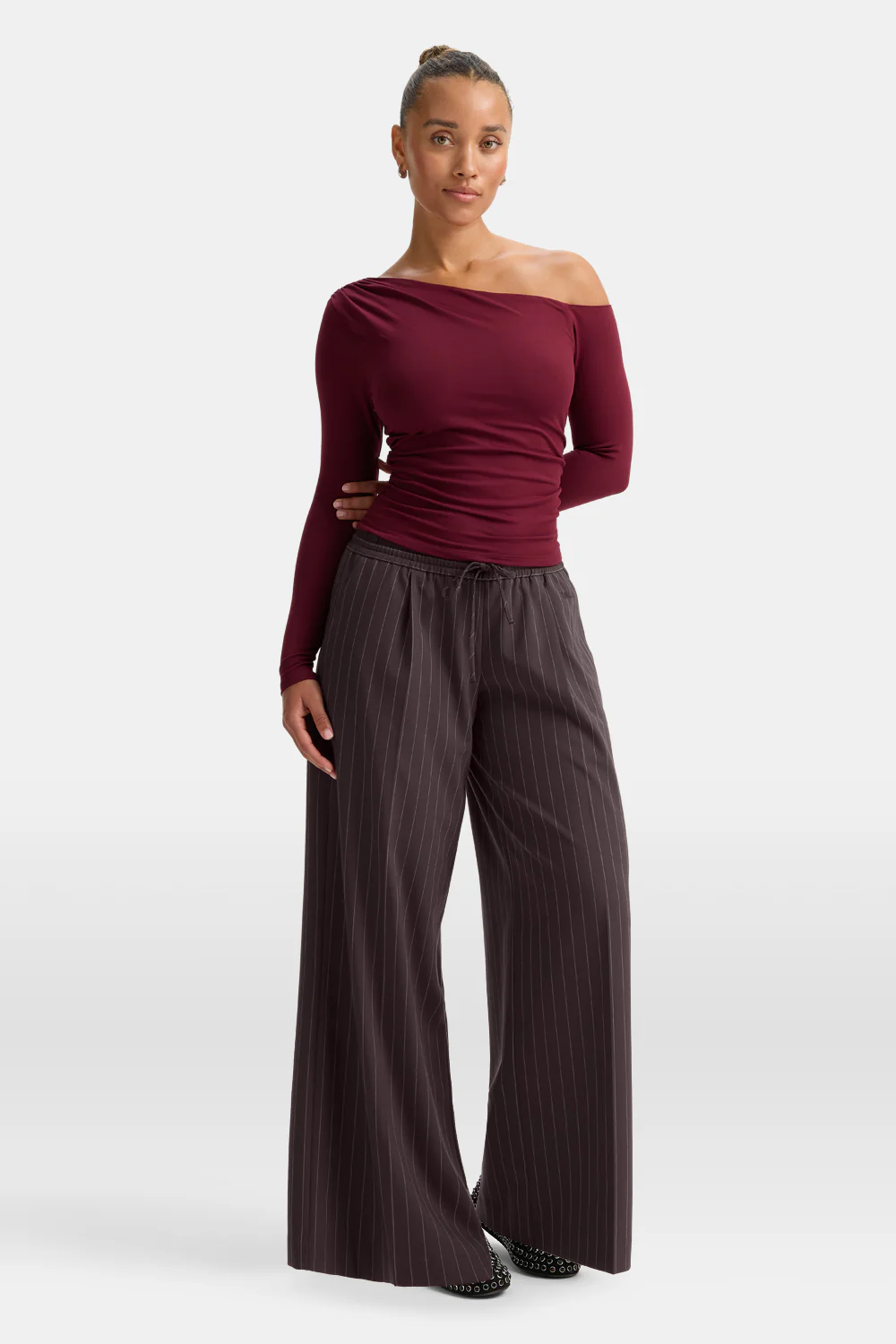 365 Asymmetric Ruched Long Sleeve Top - Port Red - Image 6