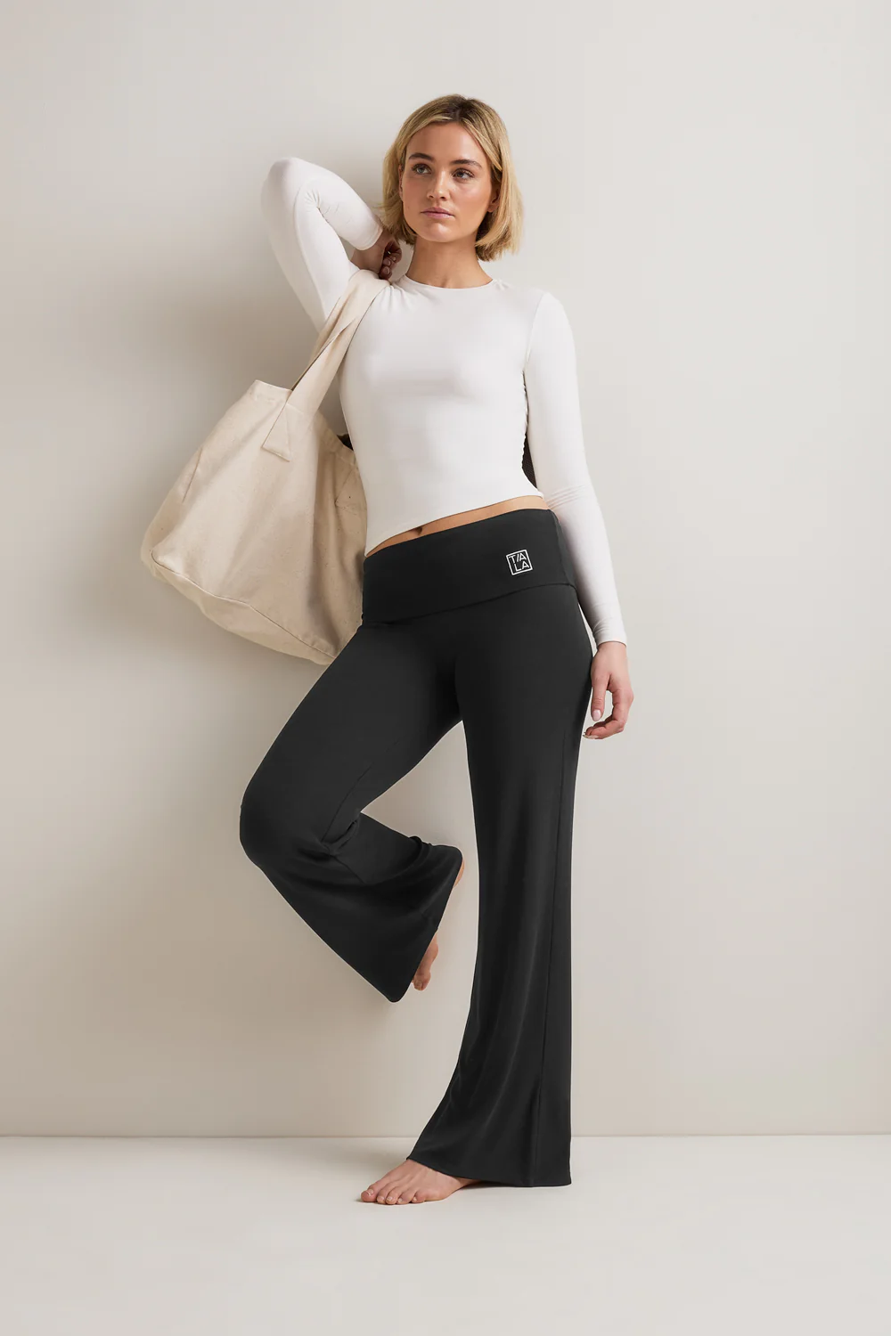 365 Sculpting Lounge Fold Waist Logo Flared Trousers - Shadow Black - Image 3