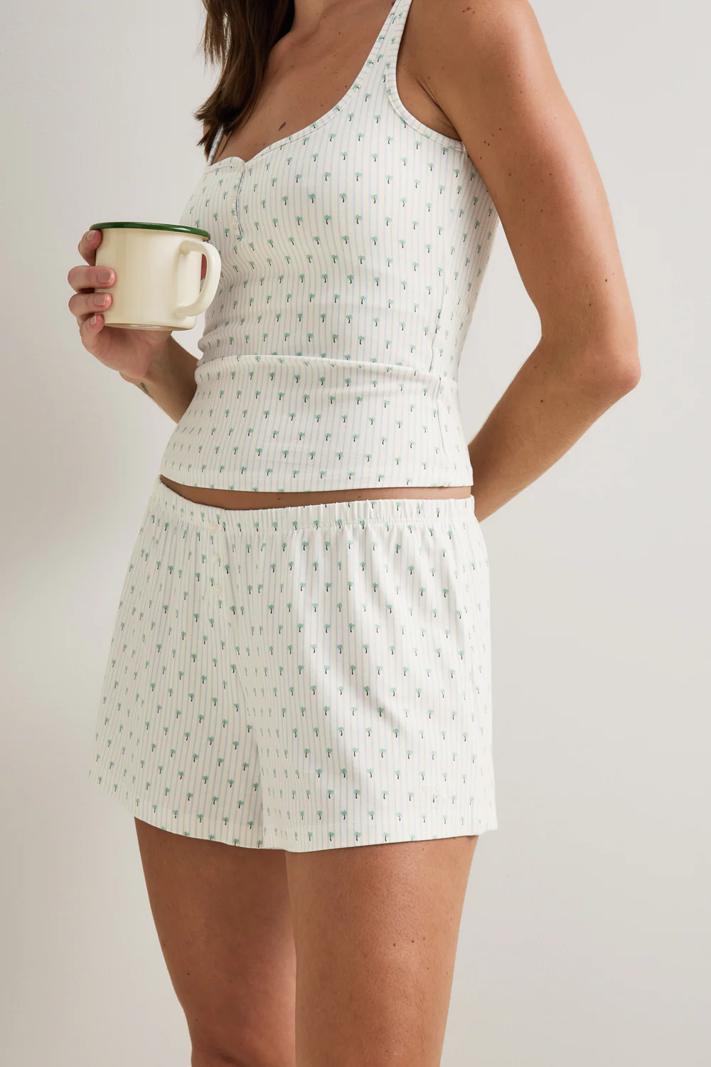 Button Pyjama Shorts - Blue Stripe Palm Print - Image 5