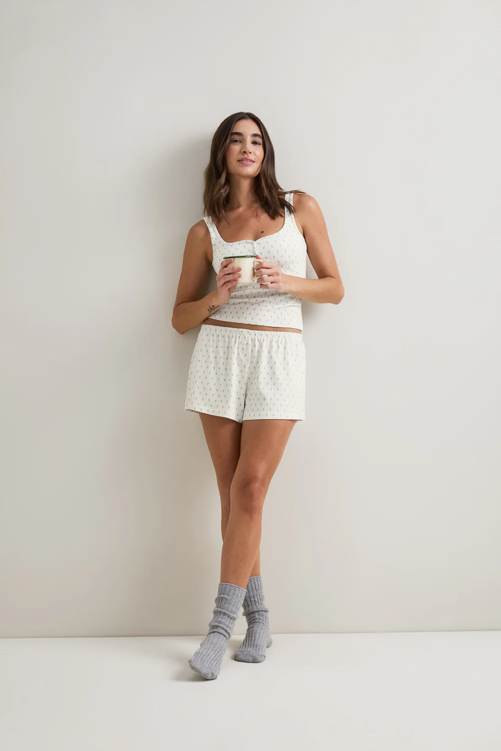 Button Pyjama Shorts - Blue Stripe Palm Print - Image 6