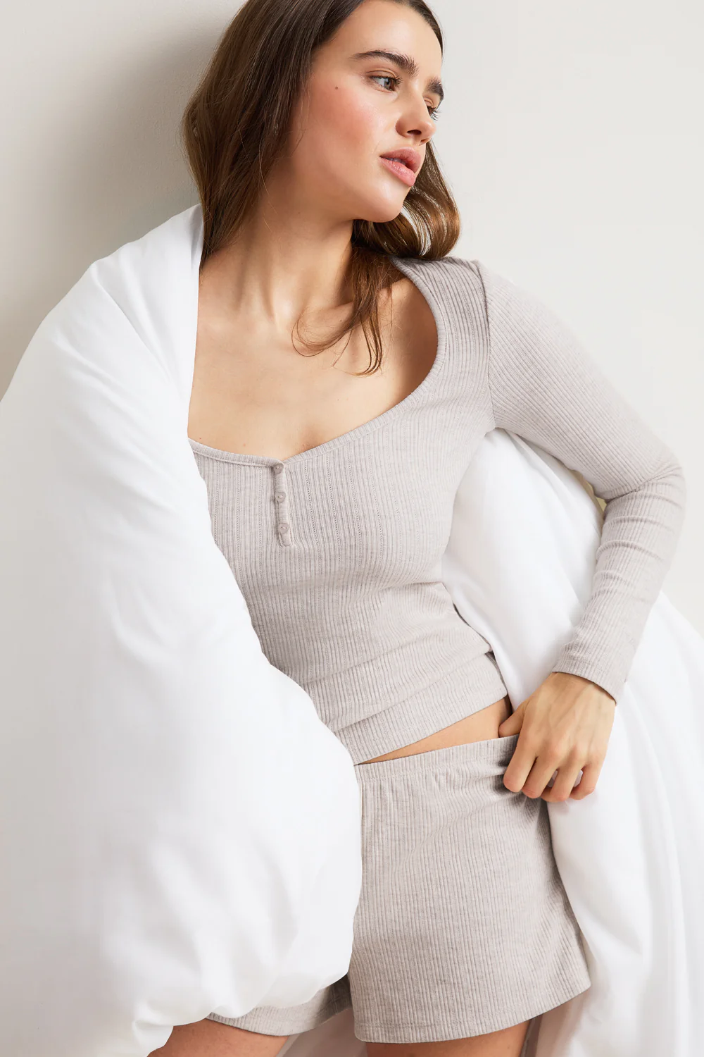 Button Pyjama Shorts - Oat Marl - Image 6