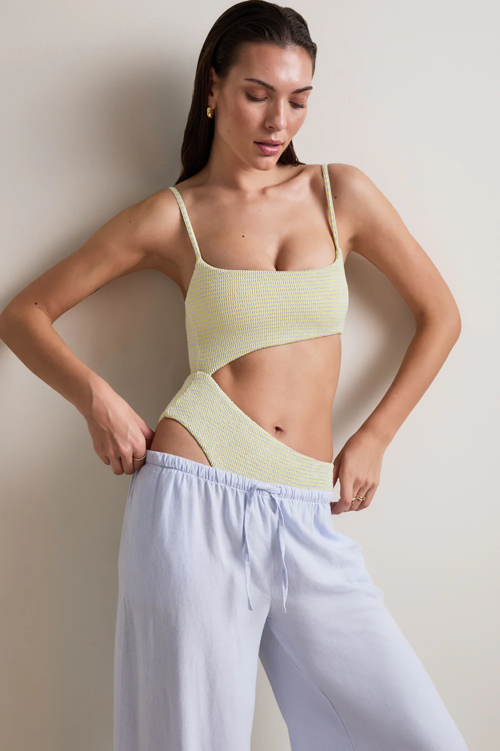 Crinkle Cut Out Swimsuit - Blue / Yellow - Image 4