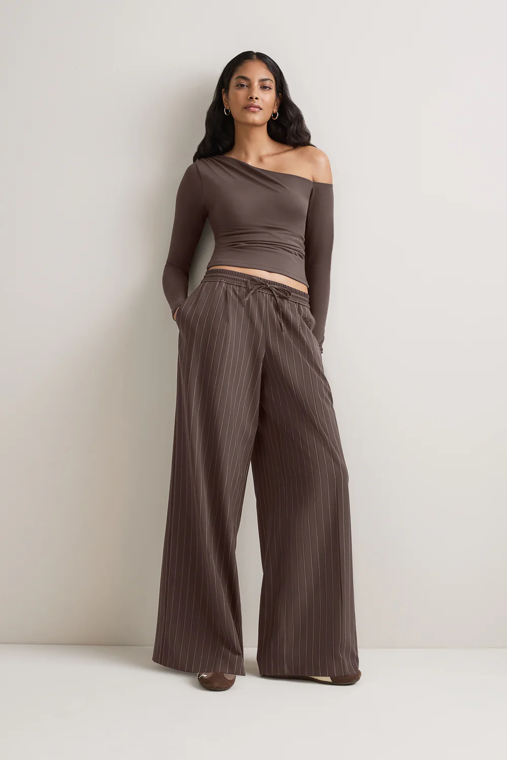 Drawstring Wide Leg Trousers - Mocha Brown Pinstripe - Image 3