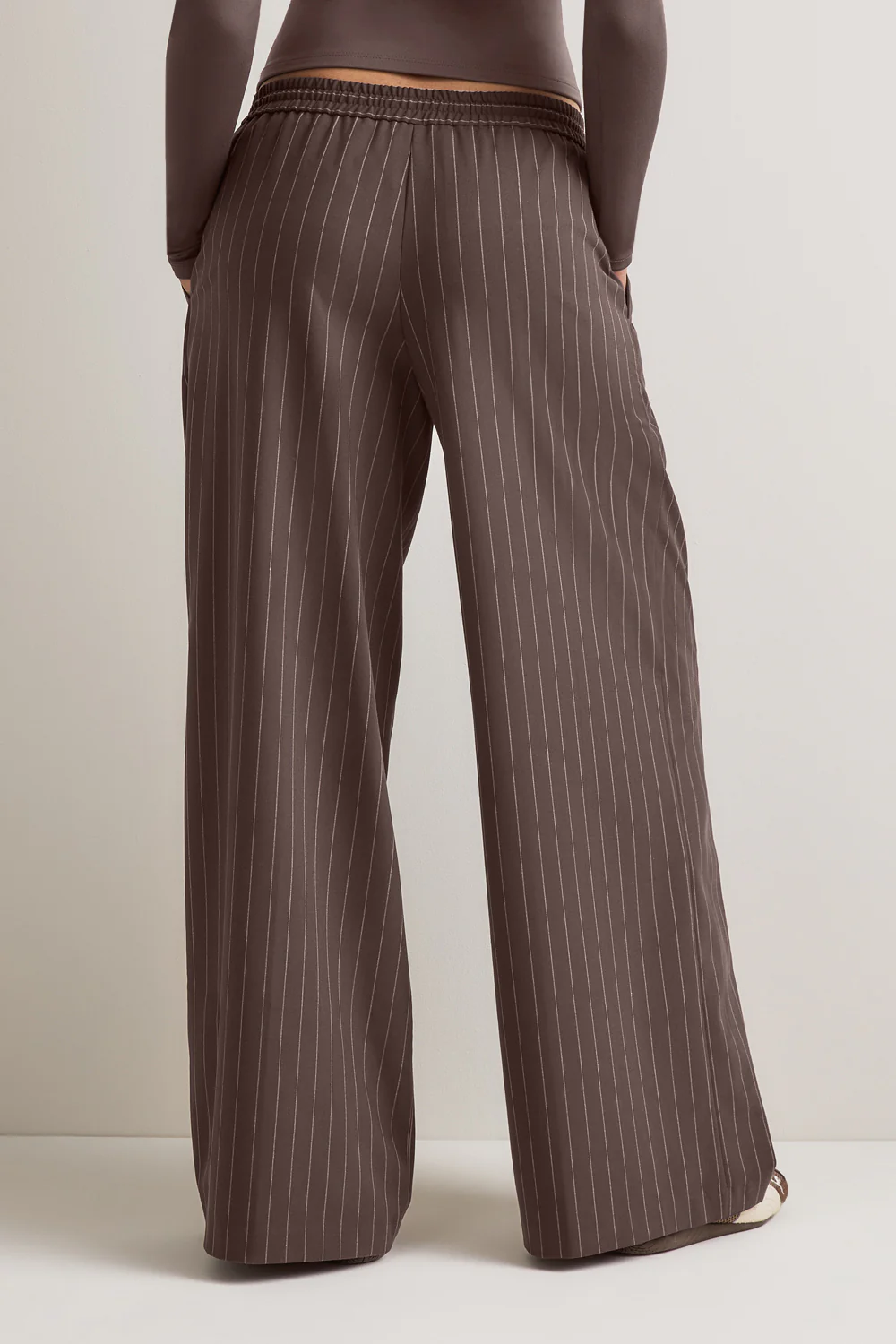Drawstring Wide Leg Trousers - Mocha Brown Pinstripe - Image 4