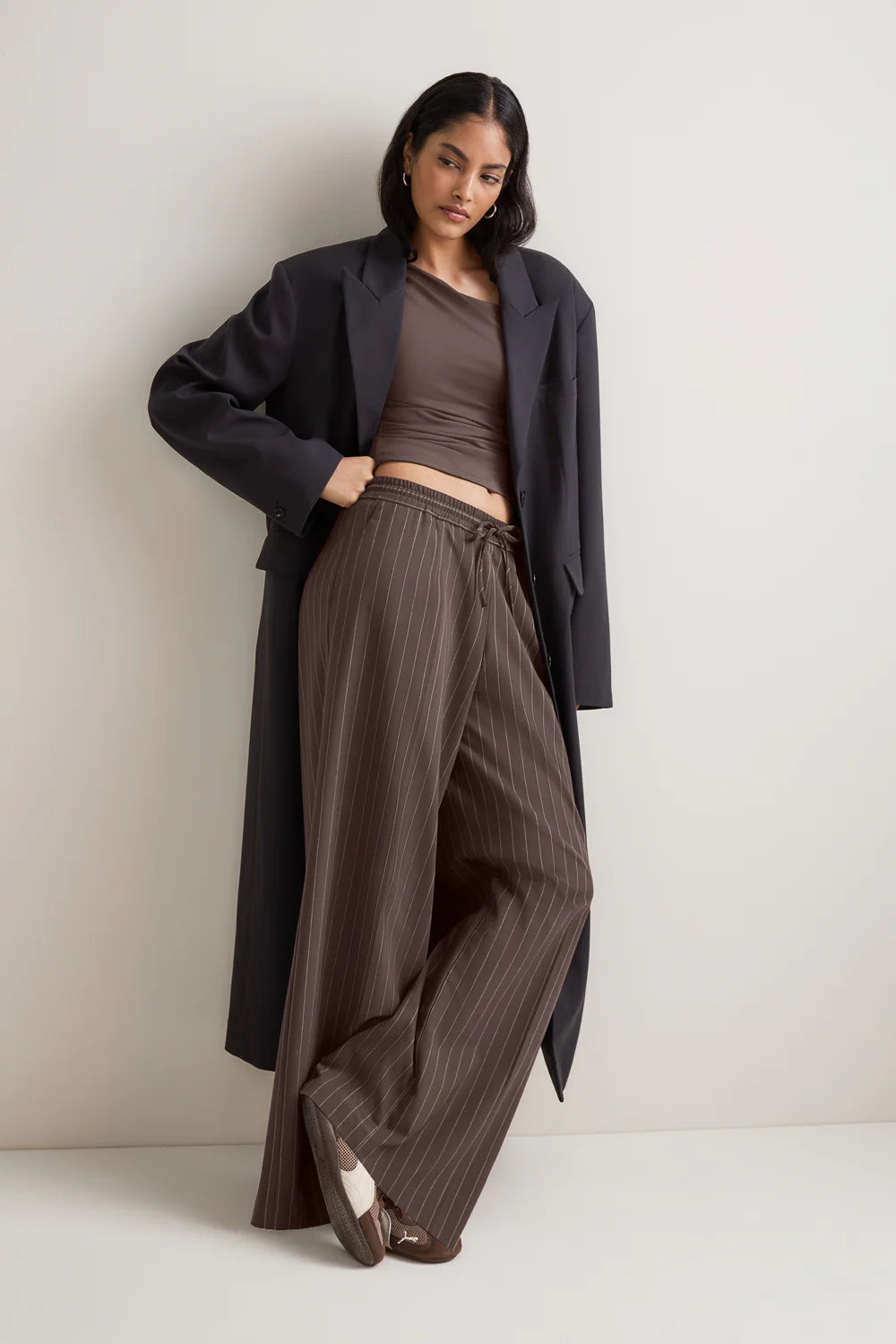 Drawstring Wide Leg Trousers - Mocha Brown Pinstripe - Image 5