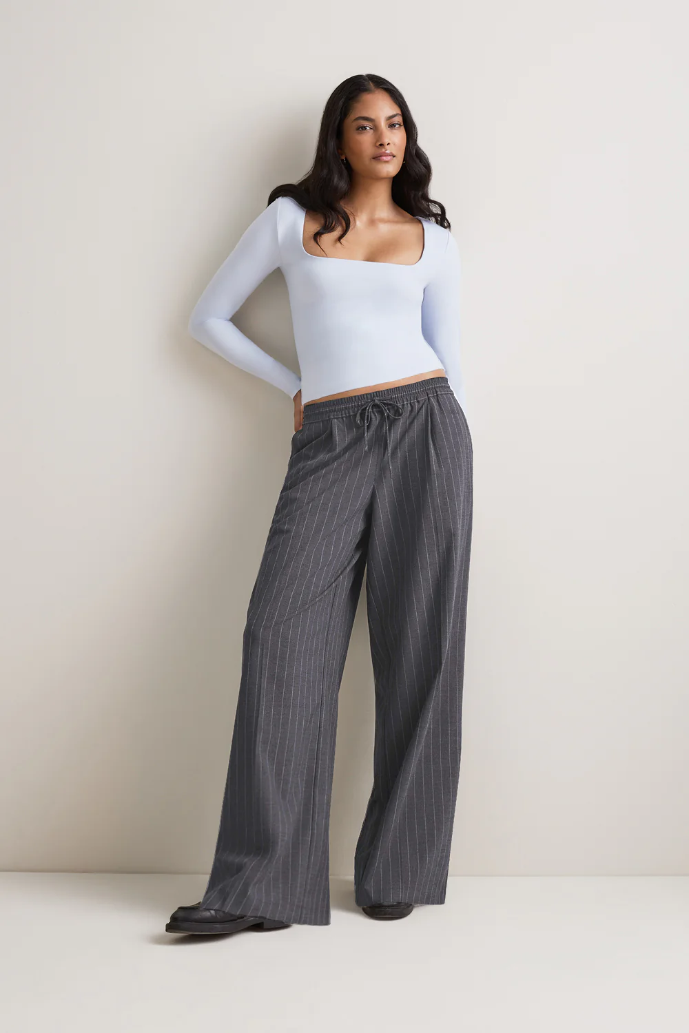 Drawstring Wide Leg Trousers - Charcoal Grey Stripe - Image 3