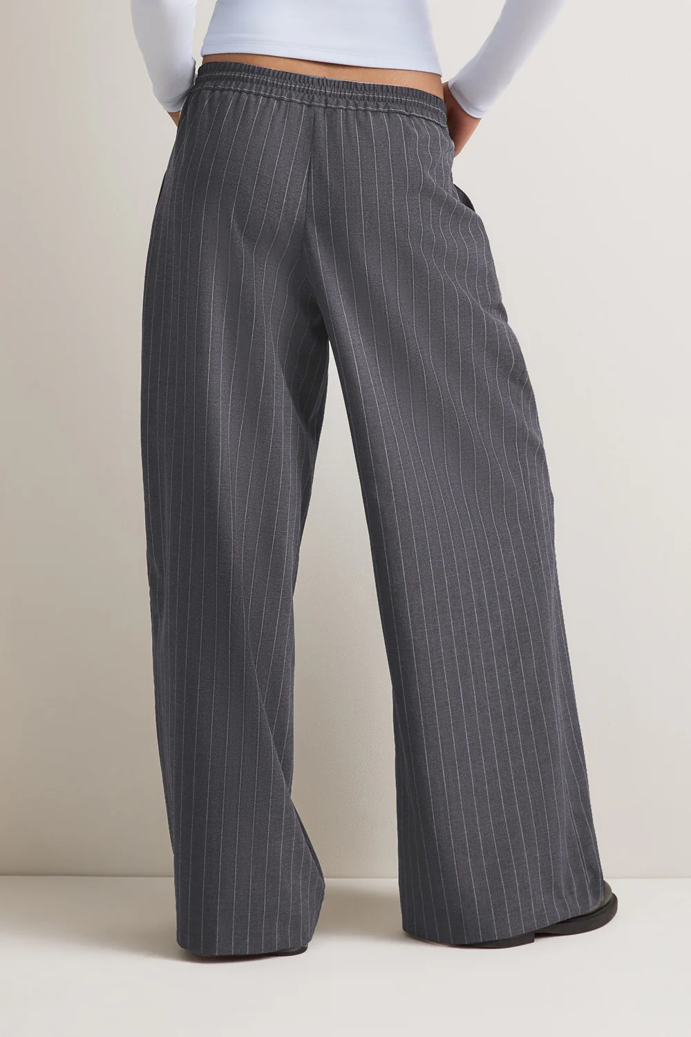 Drawstring Wide Leg Trousers - Charcoal Grey Stripe - Image 4