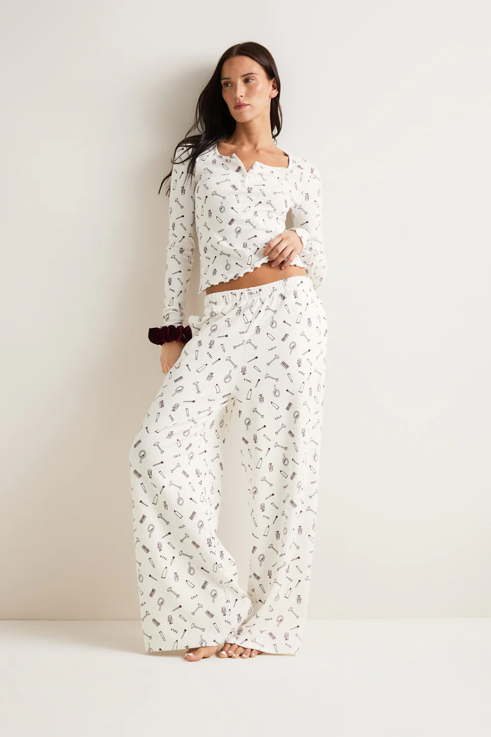 Henley Pyjama Top - Ivory 'Wake Up' Print - Image 3