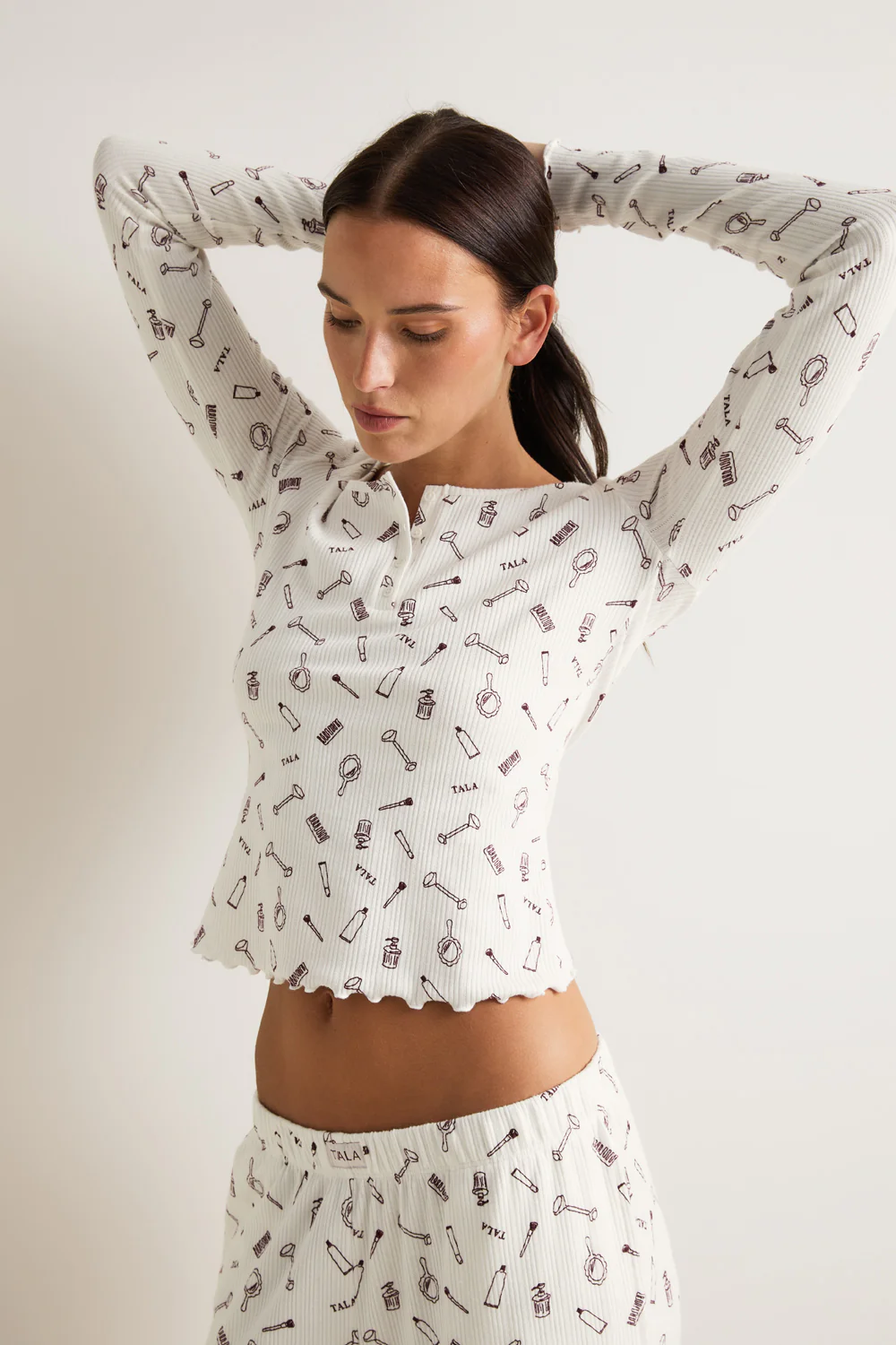 Henley Pyjama Top - Ivory 'Wake Up' Print - Image 4
