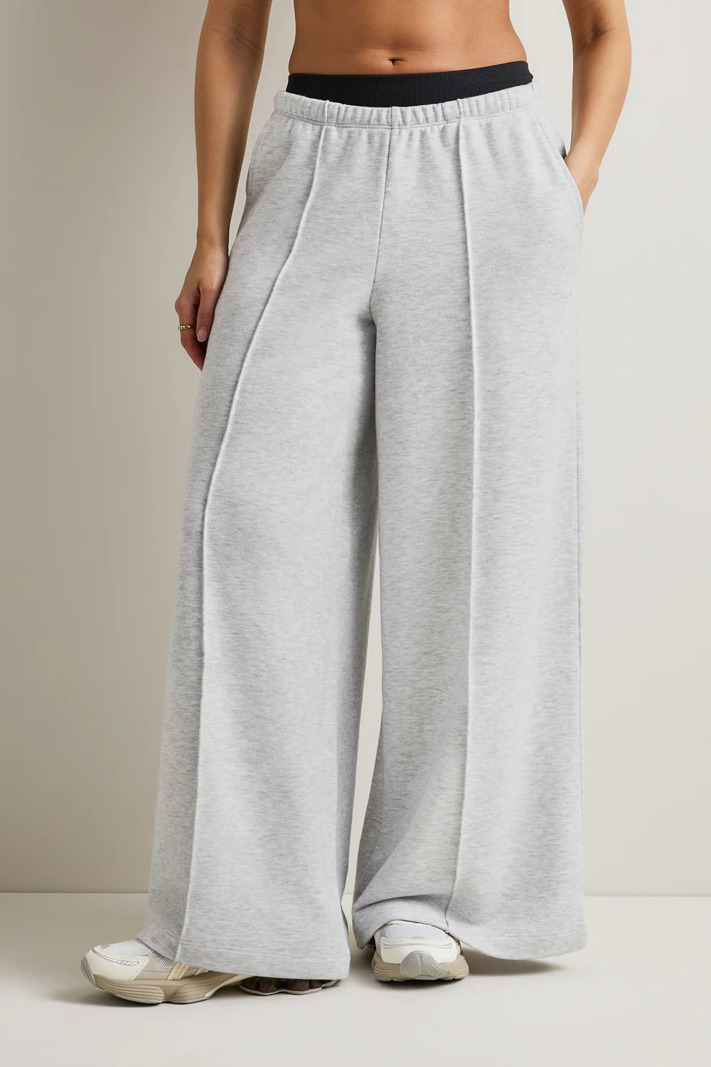 Mid Rise Pintuck Ultra Wide Leg Jogger - Grey Marl - Image 3