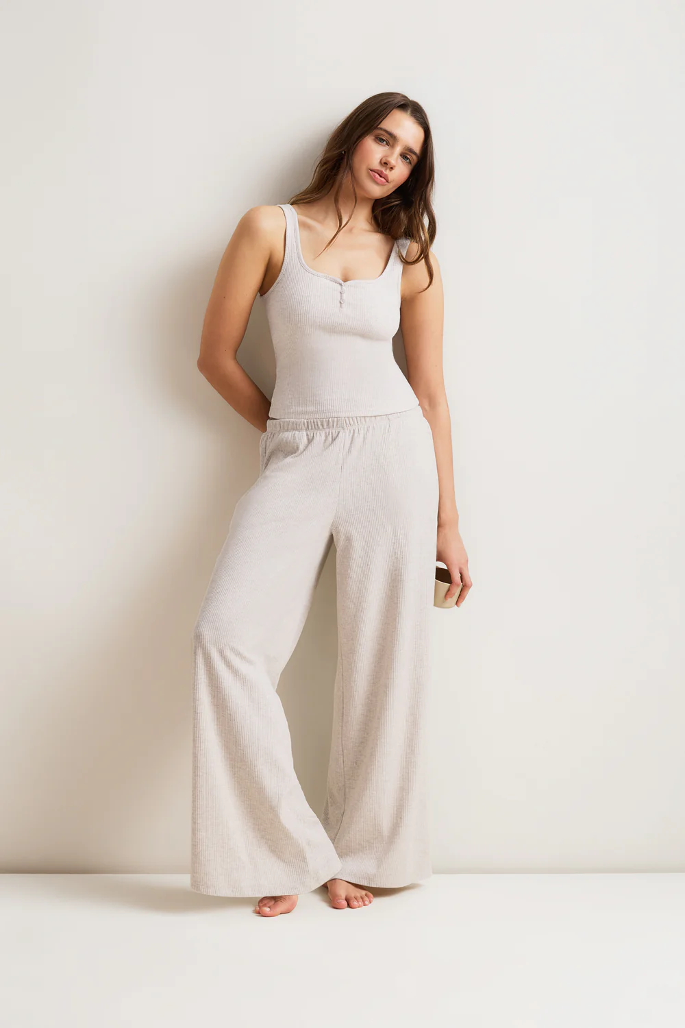 Mid-Rise Wide Led Pyjama Bottoms - Oat Marl