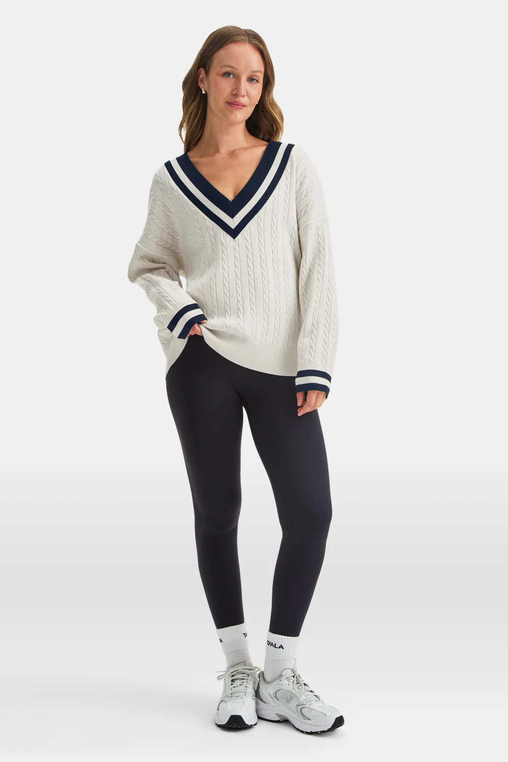 Oversized V Neck Knitted Cricket Jumper - Ivory & Midnight Navy - Image 3