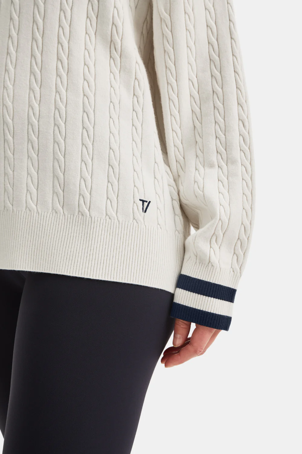 Oversized V Neck Knitted Cricket Jumper - Ivory & Midnight Navy - Image 4