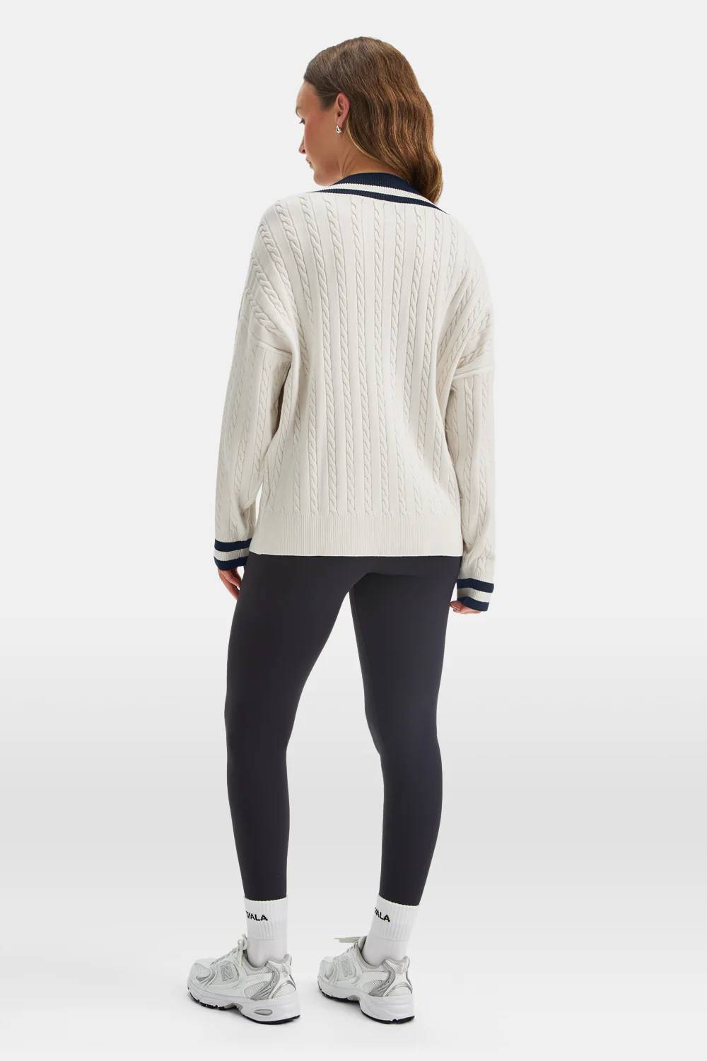 Oversized V Neck Knitted Cricket Jumper - Ivory & Midnight Navy - Image 5