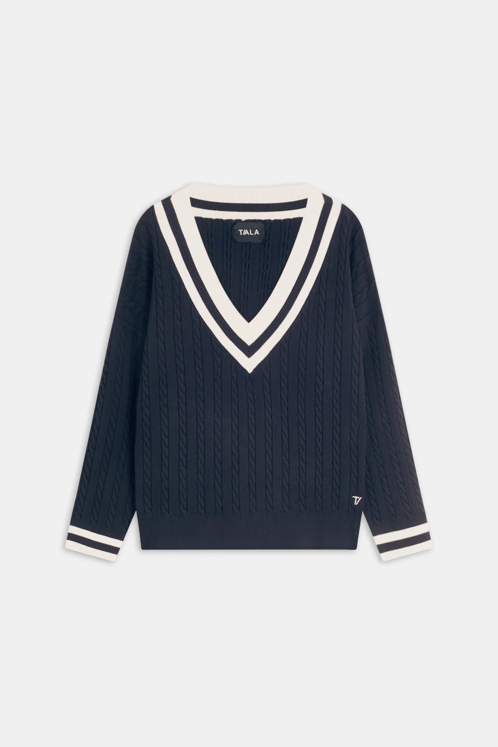 Oversized V Neck Knitted Cricket Jumper - Midnight Navy / Ivory - Image 2