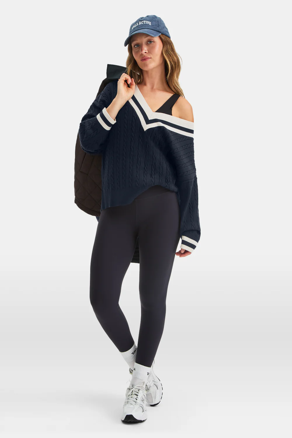 Oversized V Neck Knitted Cricket Jumper - Midnight Navy / Ivory - Image 3