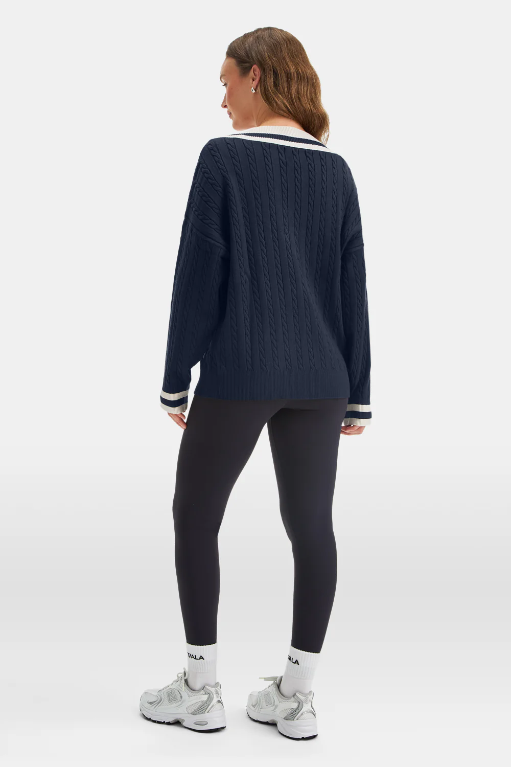 Oversized V Neck Knitted Cricket Jumper - Midnight Navy / Ivory - Image 6