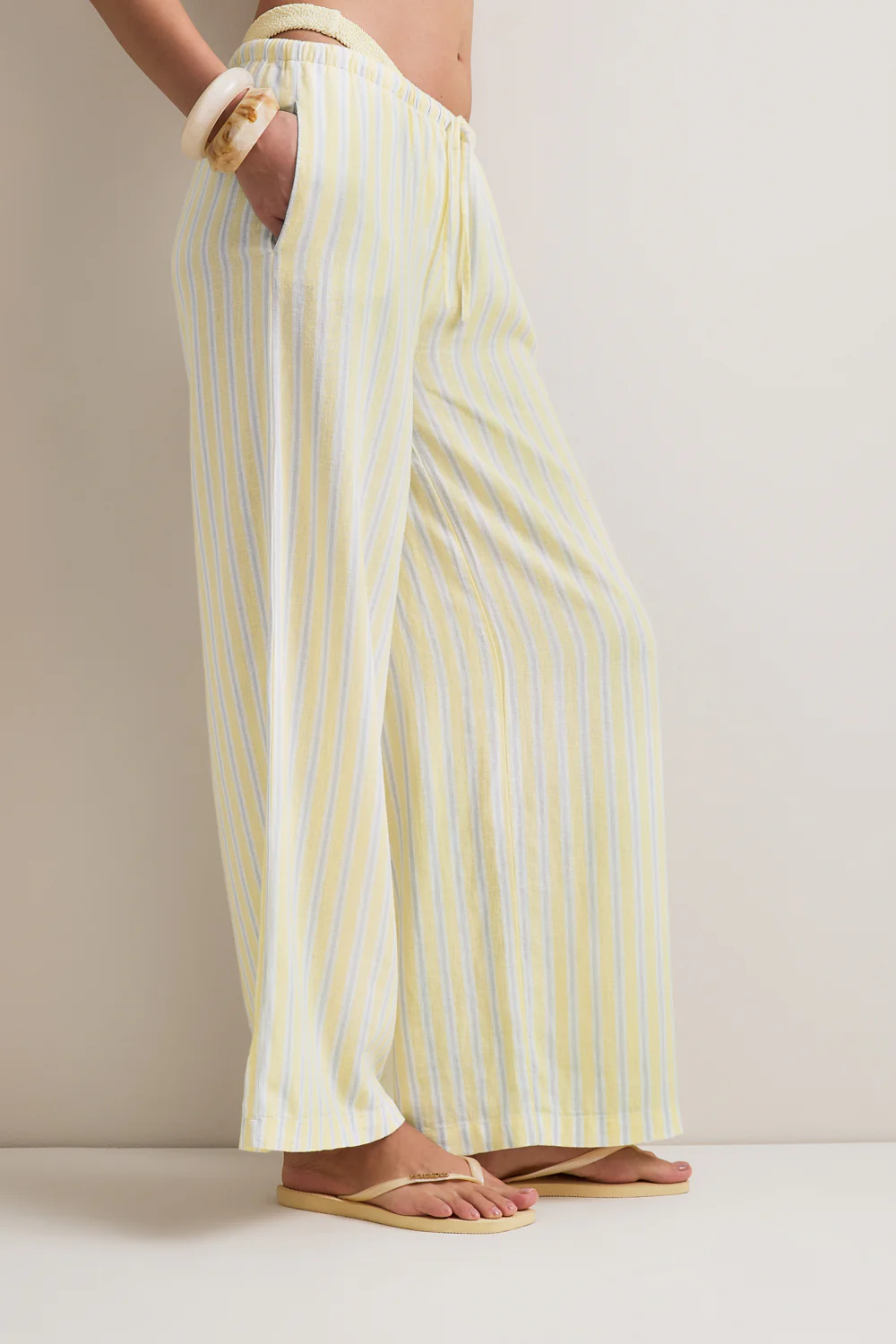 Soft Linen Drawstring Trouser - Lemon / Blue Stripe - Image 6