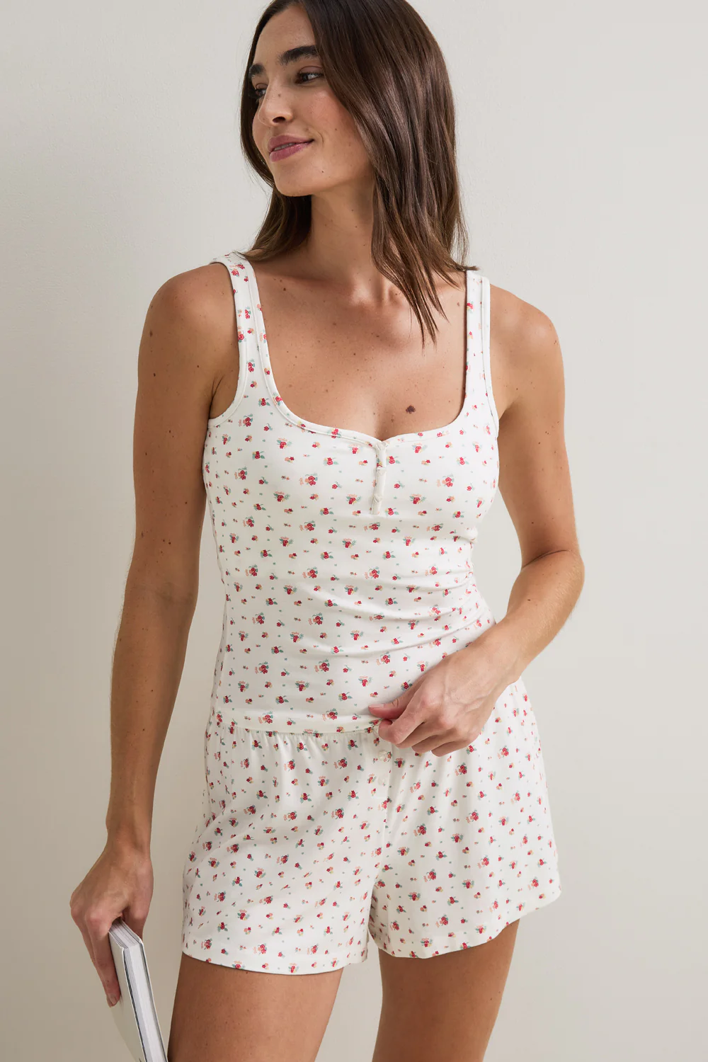 Sweetheart Henley Pyjama Vest - Ivory Floral Print - Image 6