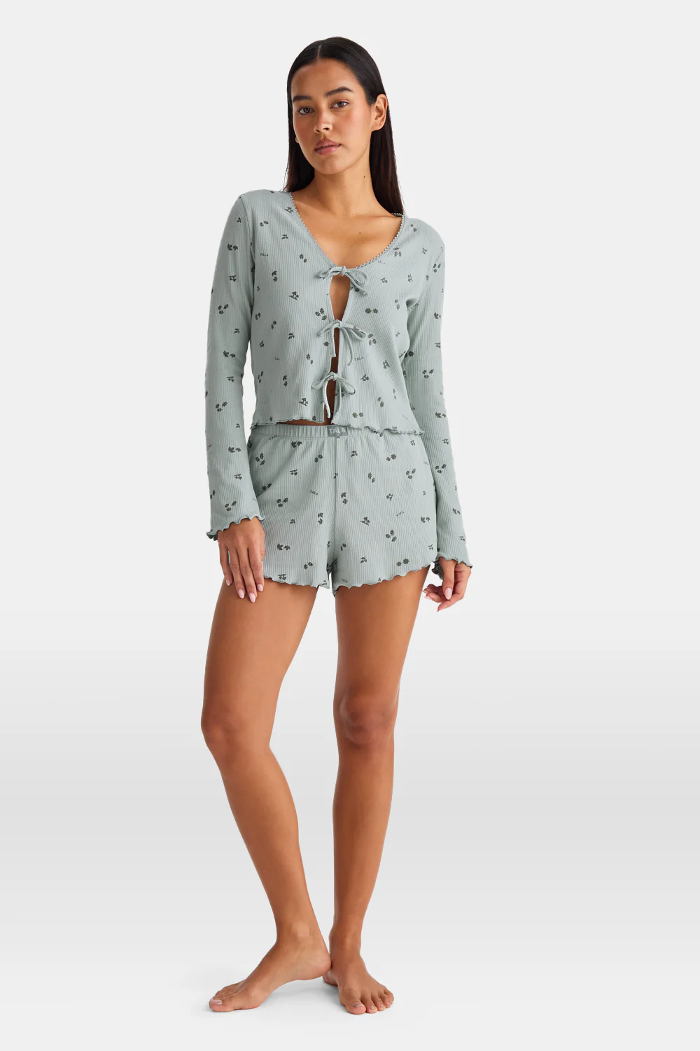 Tie Up Pyjama Cardigan - Sage Woodland Print - Image 6