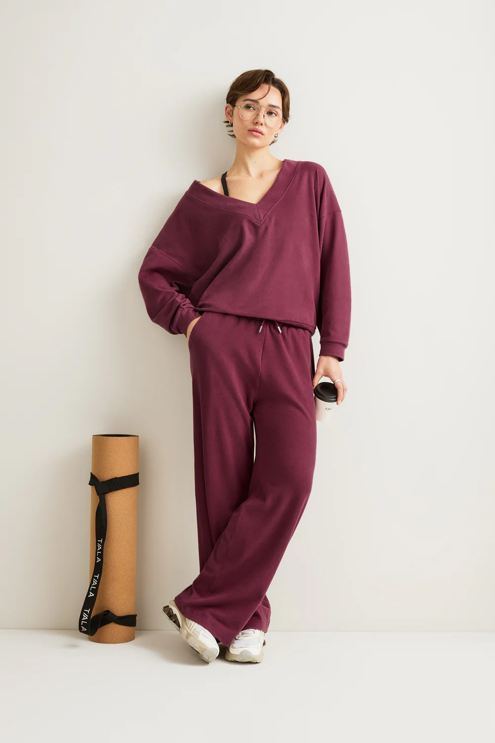Plush Oversized V Neck Sweatshirt - Cranberry - Image 3