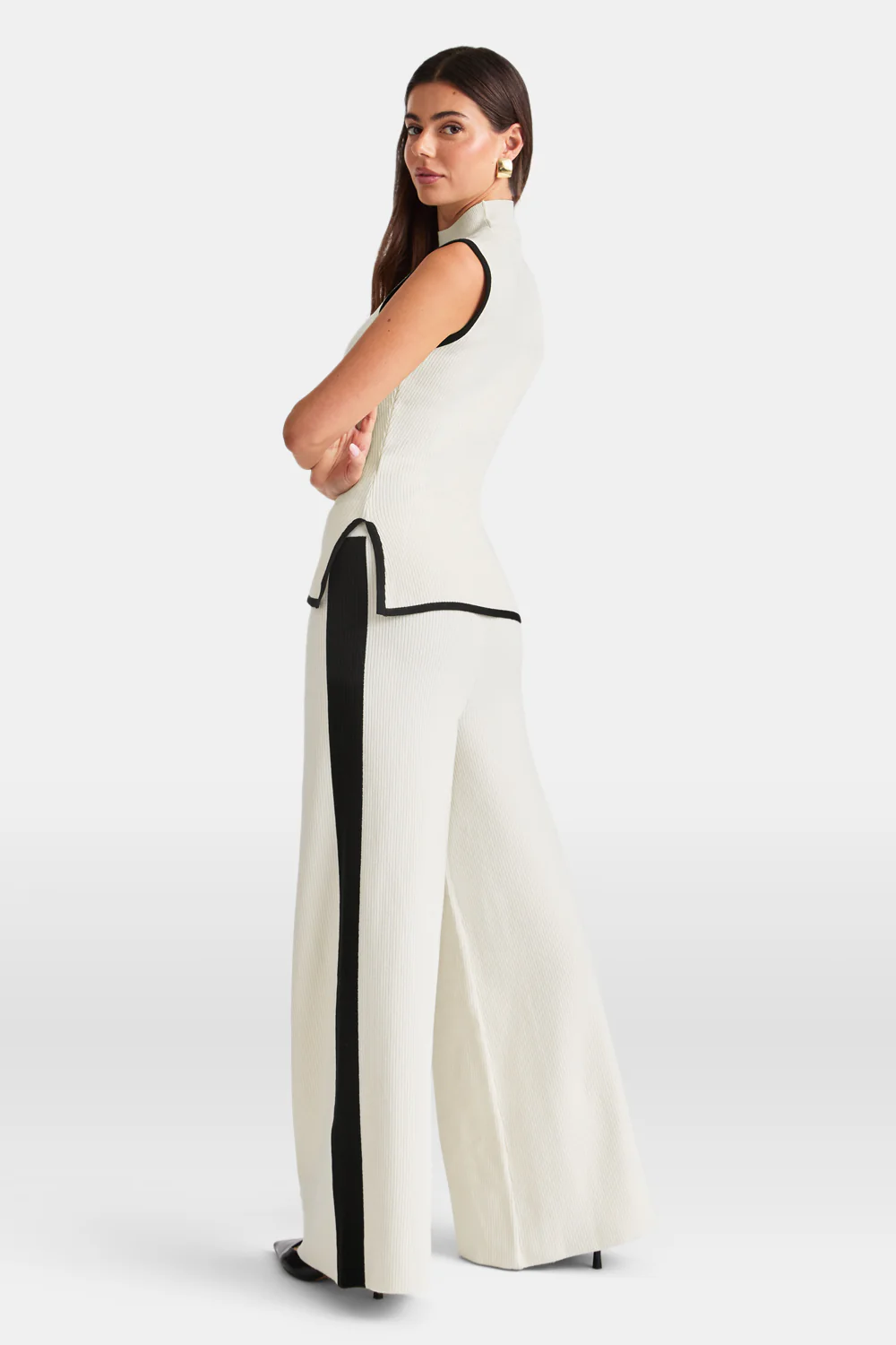 Wide Leg Contrast Ribbed Knit Trousers - Buttermilk And Black - Image 3