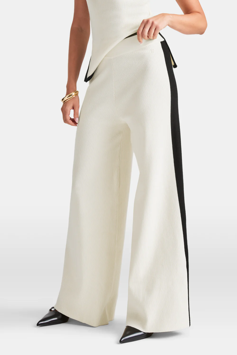 Wide Leg Contrast Ribbed Knit Trousers - Buttermilk And Black - Image 4