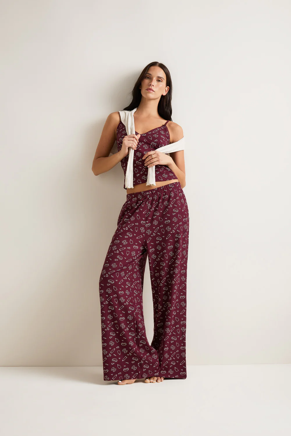 Wide Leg Pyjama Bottoms - Burgundy 'Wind Down' Print
