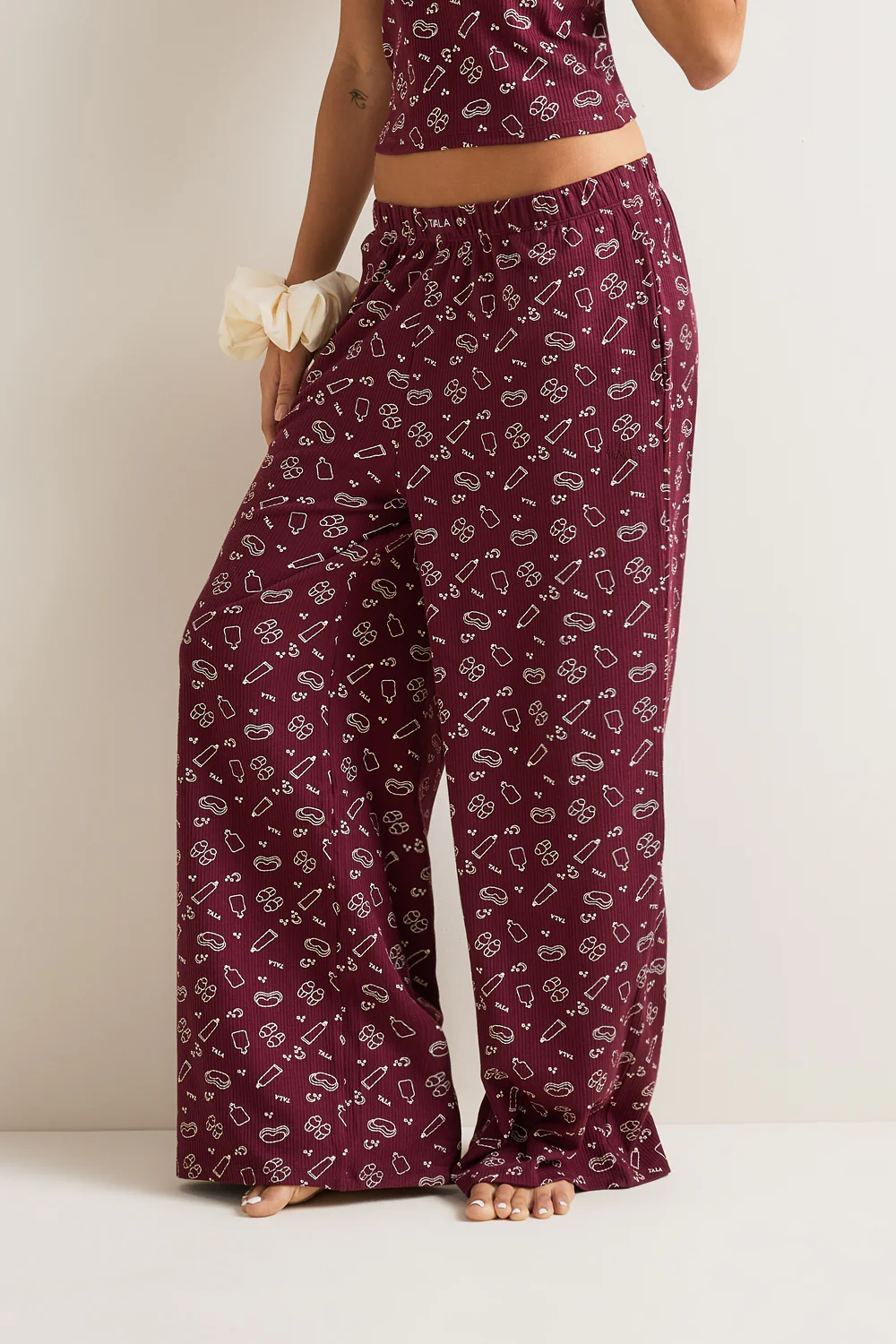 Wide Leg Pyjama Bottoms - Burgundy 'Wind Down' Print - Image 3