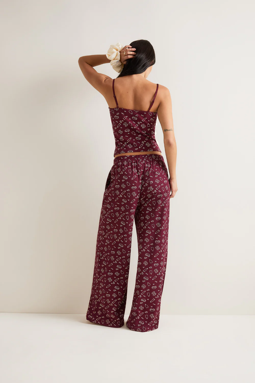 Wide Leg Pyjama Bottoms - Burgundy 'Wind Down' Print - Image 4