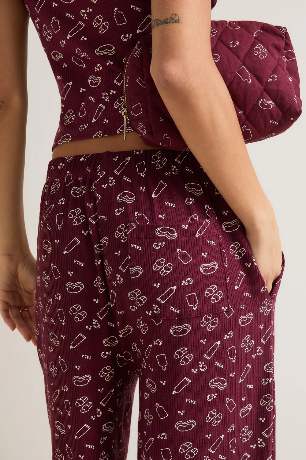 Wide Leg Pyjama Bottoms - Burgundy 'Wind Down' Print - Image 5