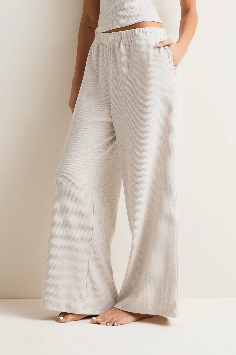 High-Rise Wide Leg Pyjama Bottoms - Oat Marl - Image 3