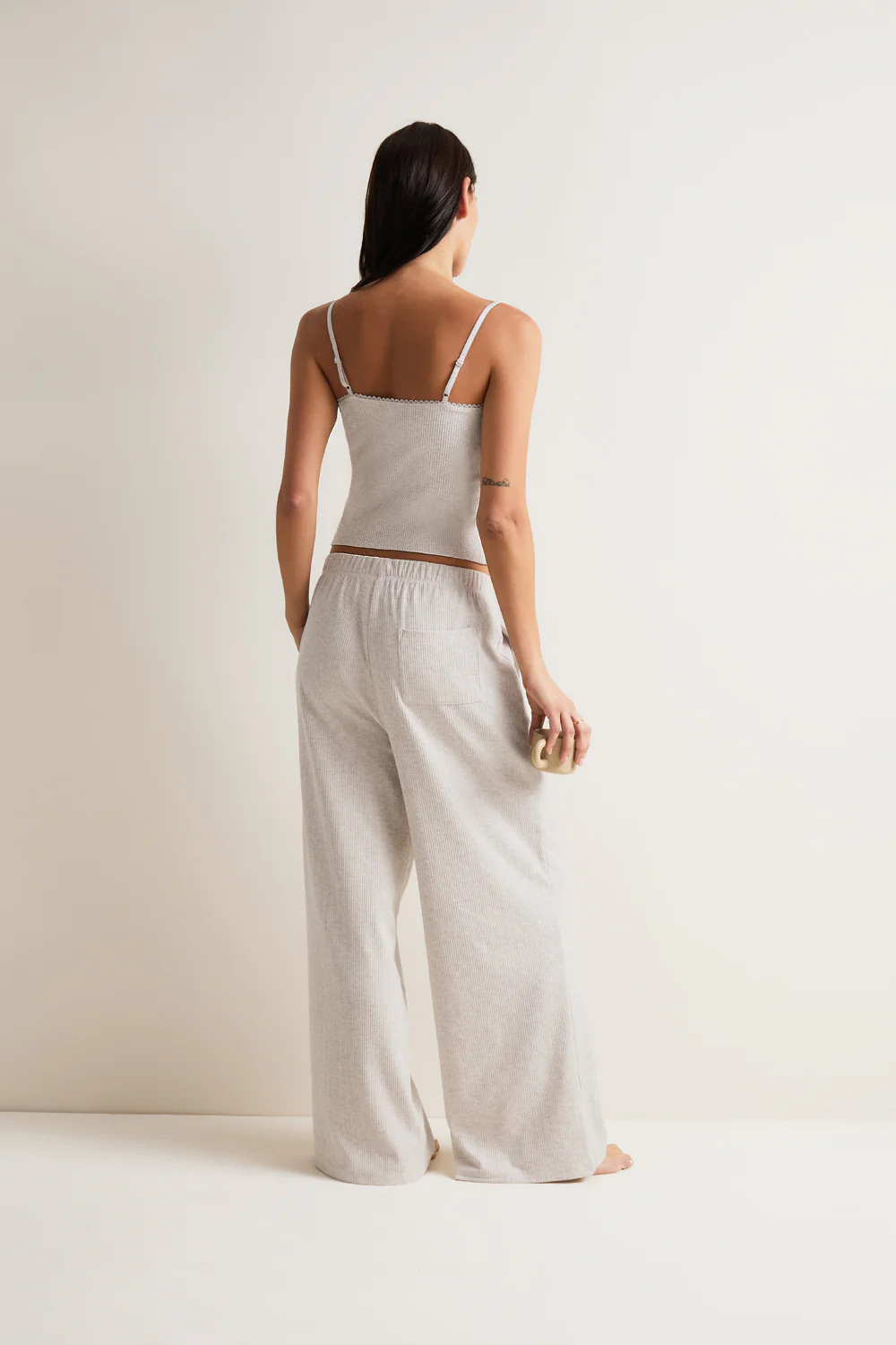 High-Rise Wide Leg Pyjama Bottoms - Oat Marl - Image 4